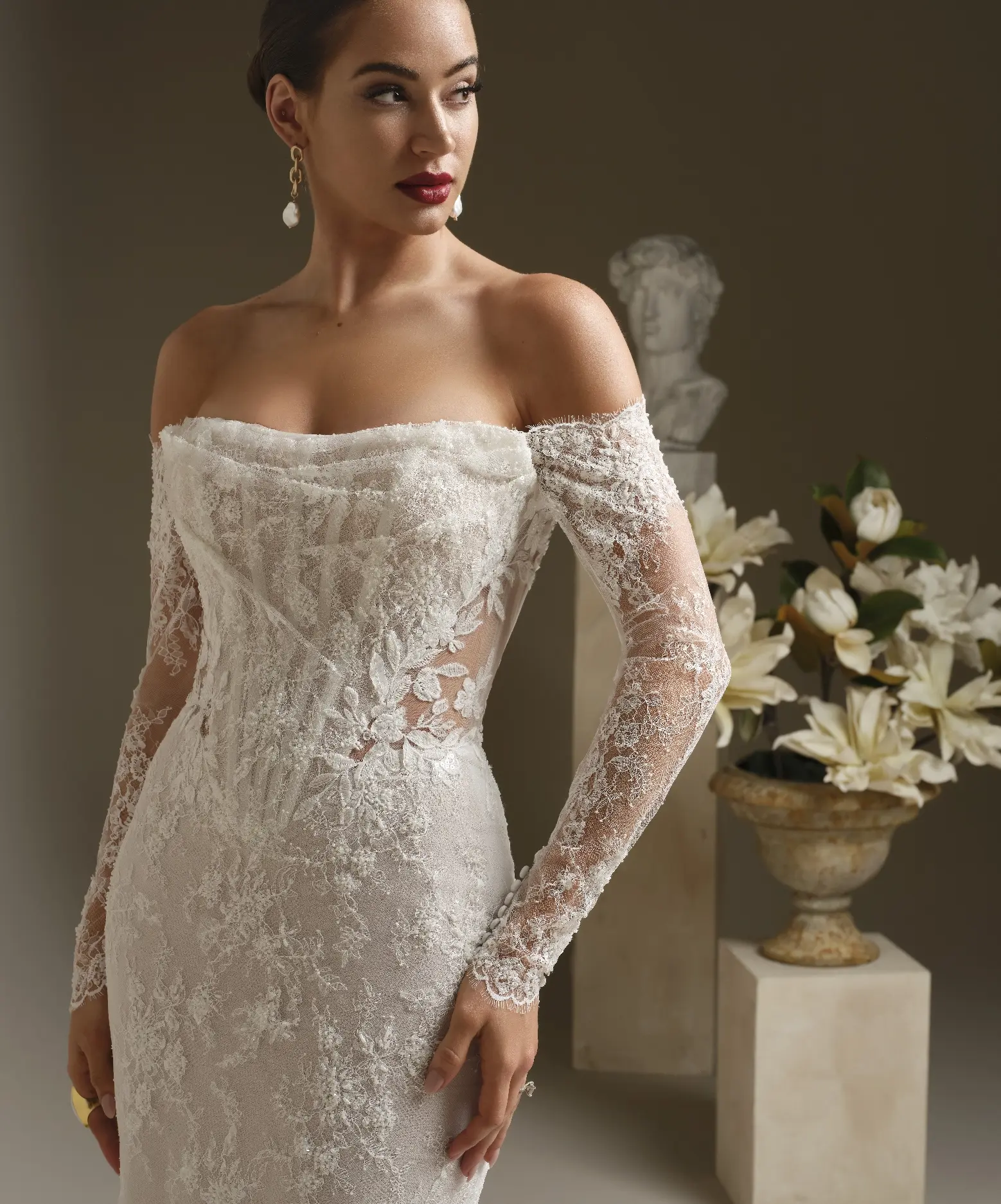 knee length dresses for ladies Fitted Long Sleeve Bridal Gown by GLS Gloria GL3535 3XL / Off White
