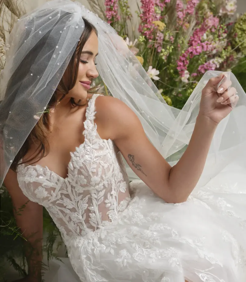 Model In A Studio Wearing Scattered Pearl Veil By Maggie Sottero
