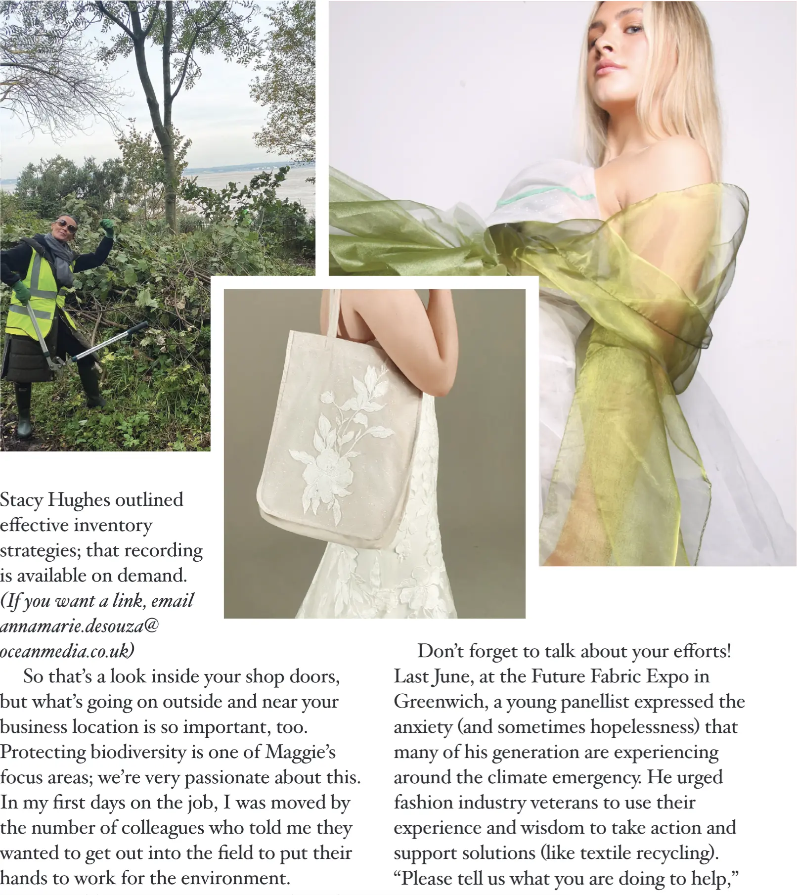 Bridal Buyer article titled 'Operating more Sustainably,' featuring an exclusive interview with Maggie Sottero's Global Sustainability Director Patricia DeLaunay. The layout includes multiple columns of text, a black-and-white photo of Patricia, an image of people planting trees, and two images of a model wearing more sustainable wedding fashion.