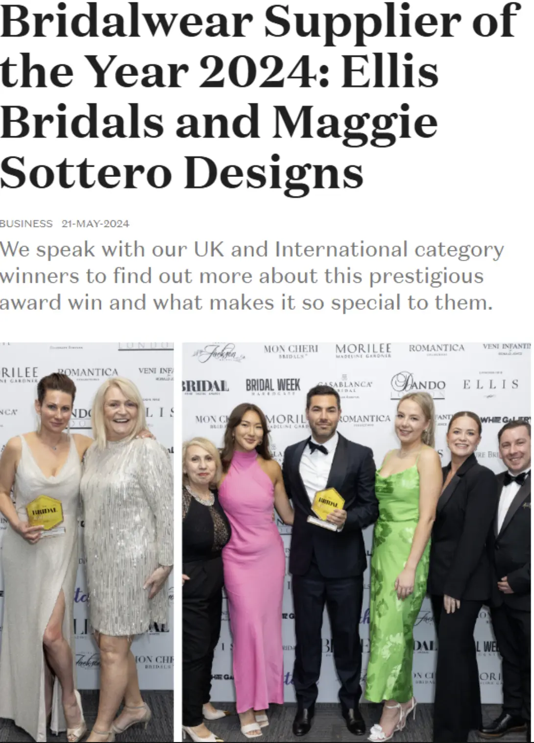 Webpage from Bridal Buyer magazine announcing the 2024 Bridalwear Supplier of the Year award, given to Ellis Bridals and Maggie Sottero Designs. The page includes a headline, a subheadline, and a photo of eight people standing together holding awards.