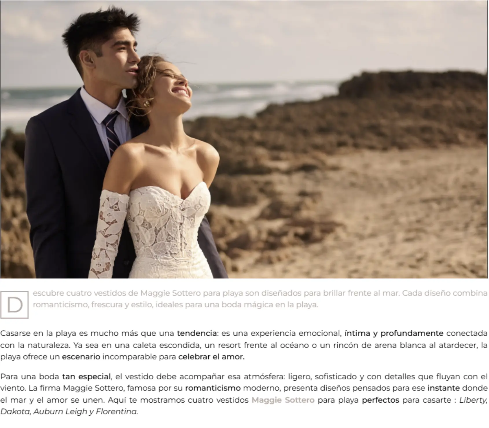 Webpage from the bridal magazine 'Novias de Mexico' featuring an article about beach weddings. The main image shows a bride in an off-shoulder lace wedding dress called Dakota by Maggie Sottero and a groom in a dark suit standing on a beach.