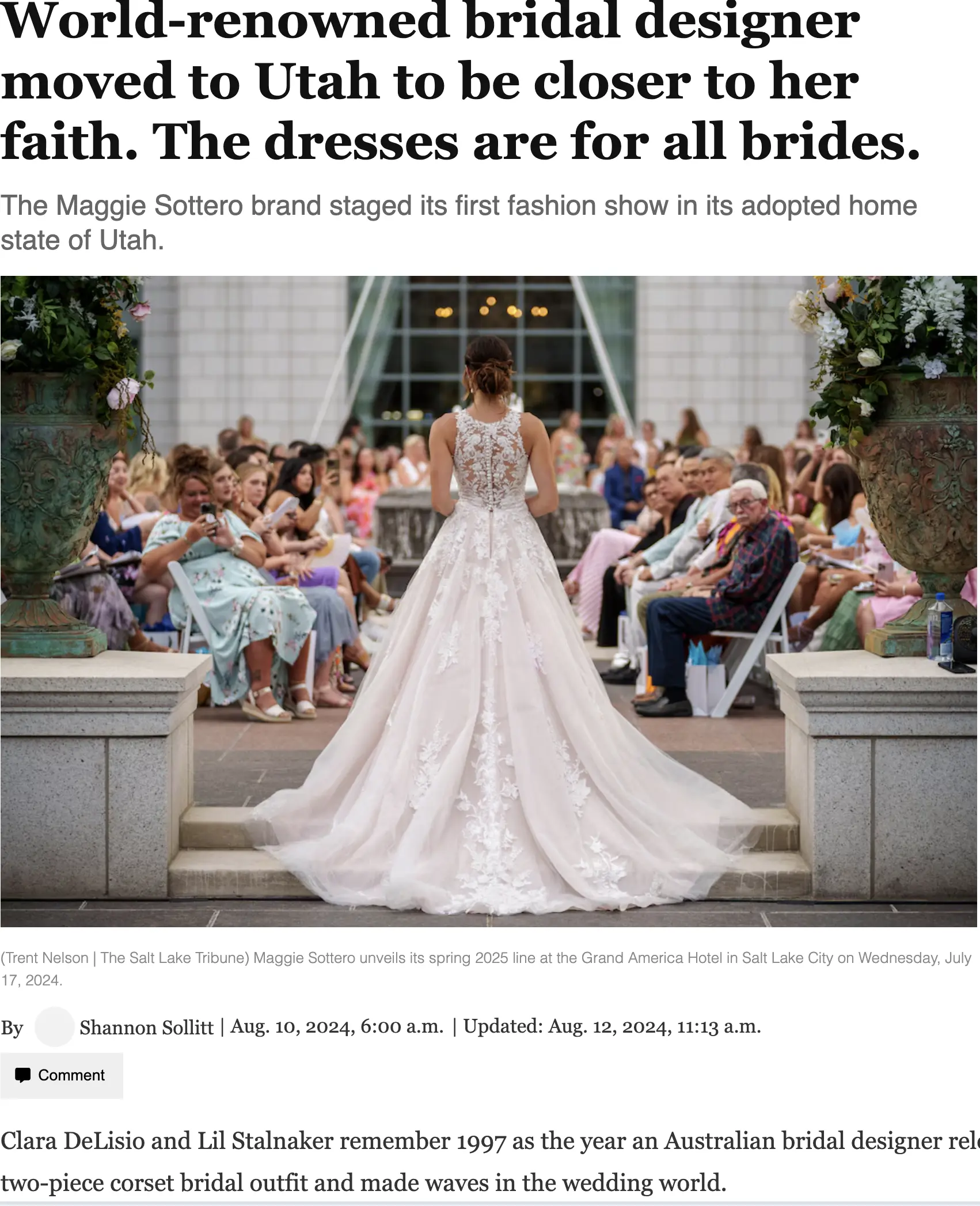 An article from The Salt Lake Tribune with the headline, 'World-renowned bridal designer moved to Utah to be closer to her faith. The dresses are for all brides.' The subheading notes that the Maggie Sottero brand held its first fashion show in Utah. Below the text is an image of a bride walking down an aisle in a wedding dress, with guests seated on either side.