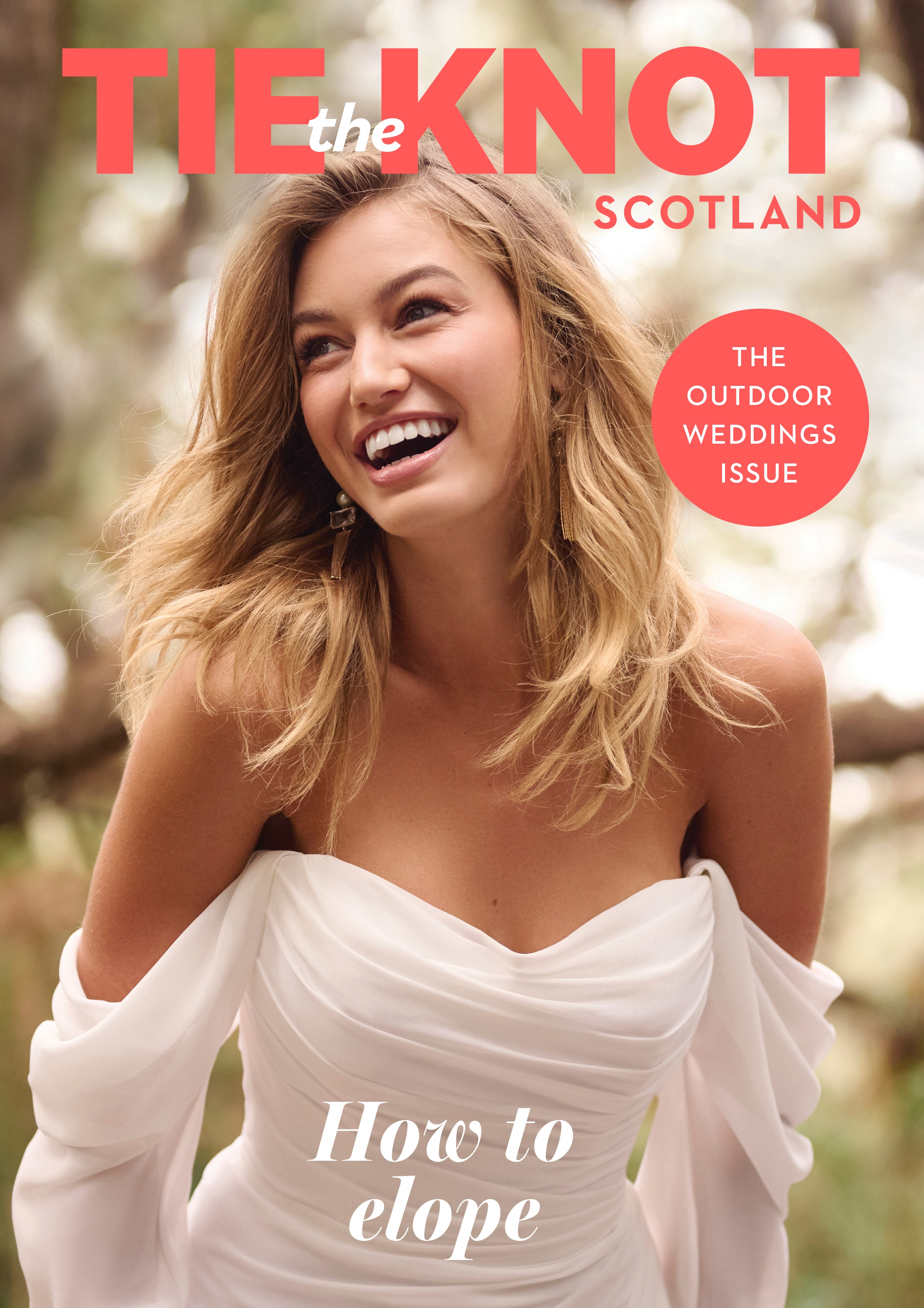 A magazine cover of 'Tie the Knot Scotland' featuring a bride in a wedding dress called Francesca by Rebecca Ingram. The dress is off-the-shoulder, and the background is blurred greenery. A red circle on the right reads 'The Outdoor Wedding Issue,' and white text at the bottom says 'How to Elope.'