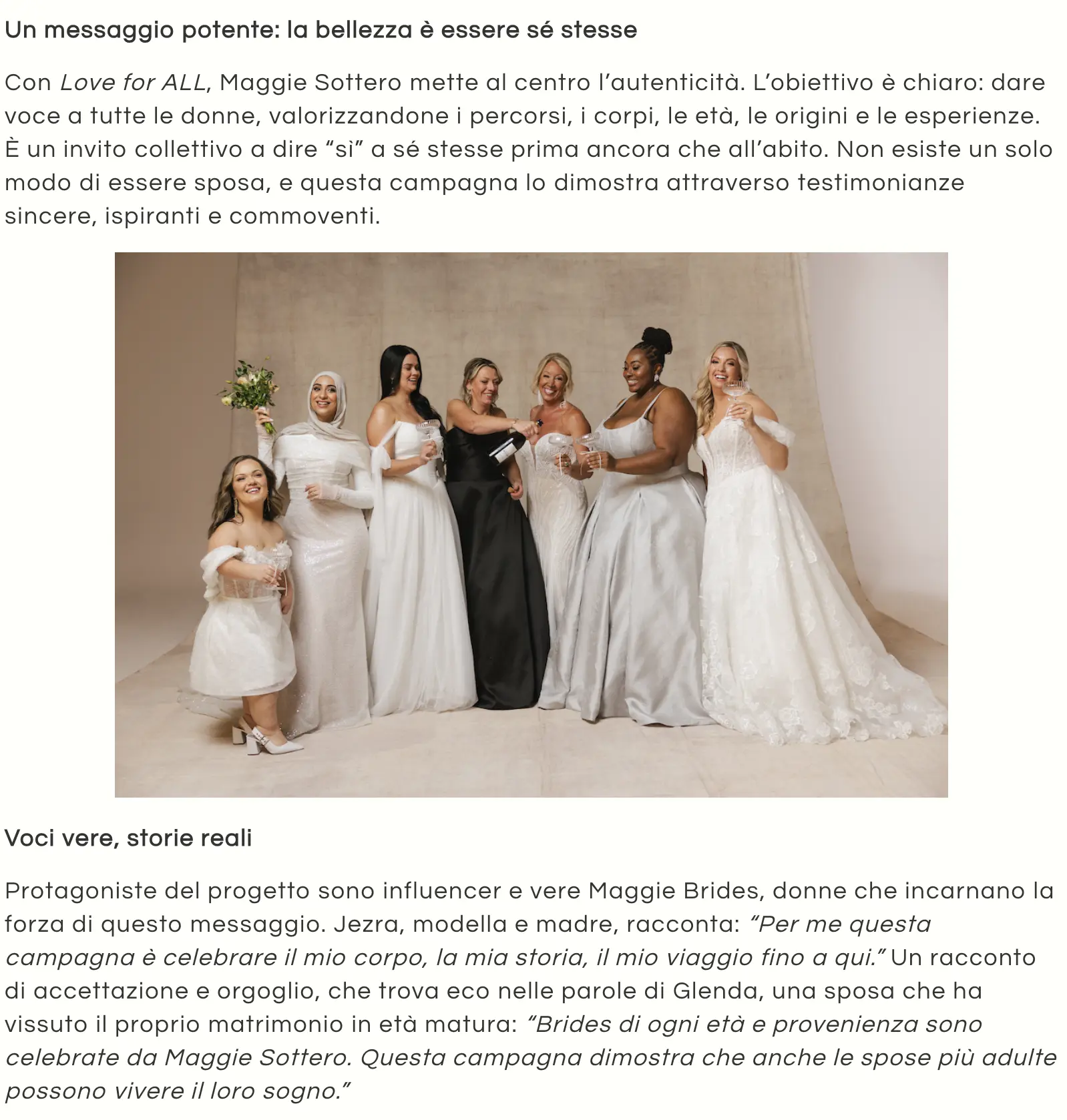 Seven women wearing a variety of bridal gowns pose in front of a backdrop. The image is part of an article post titled 'Maggie Sottero launches Love for ALL: the campaign that rewrites the rules of bridal fashion,' dated April 18, 2025.