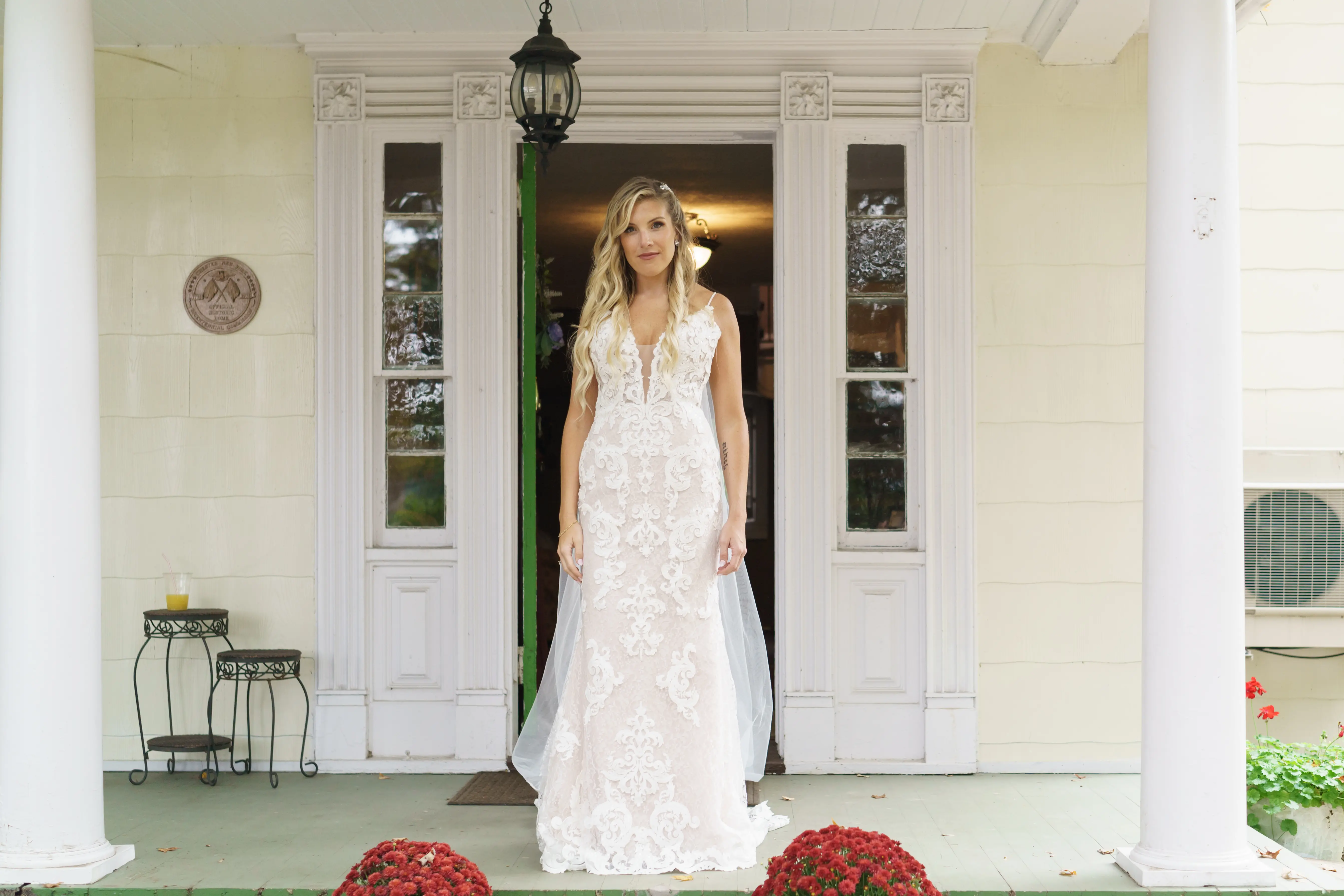 Bride wearing Lace Sheath Wedding Dress called Tuscany Lynette by Maggie Sottero