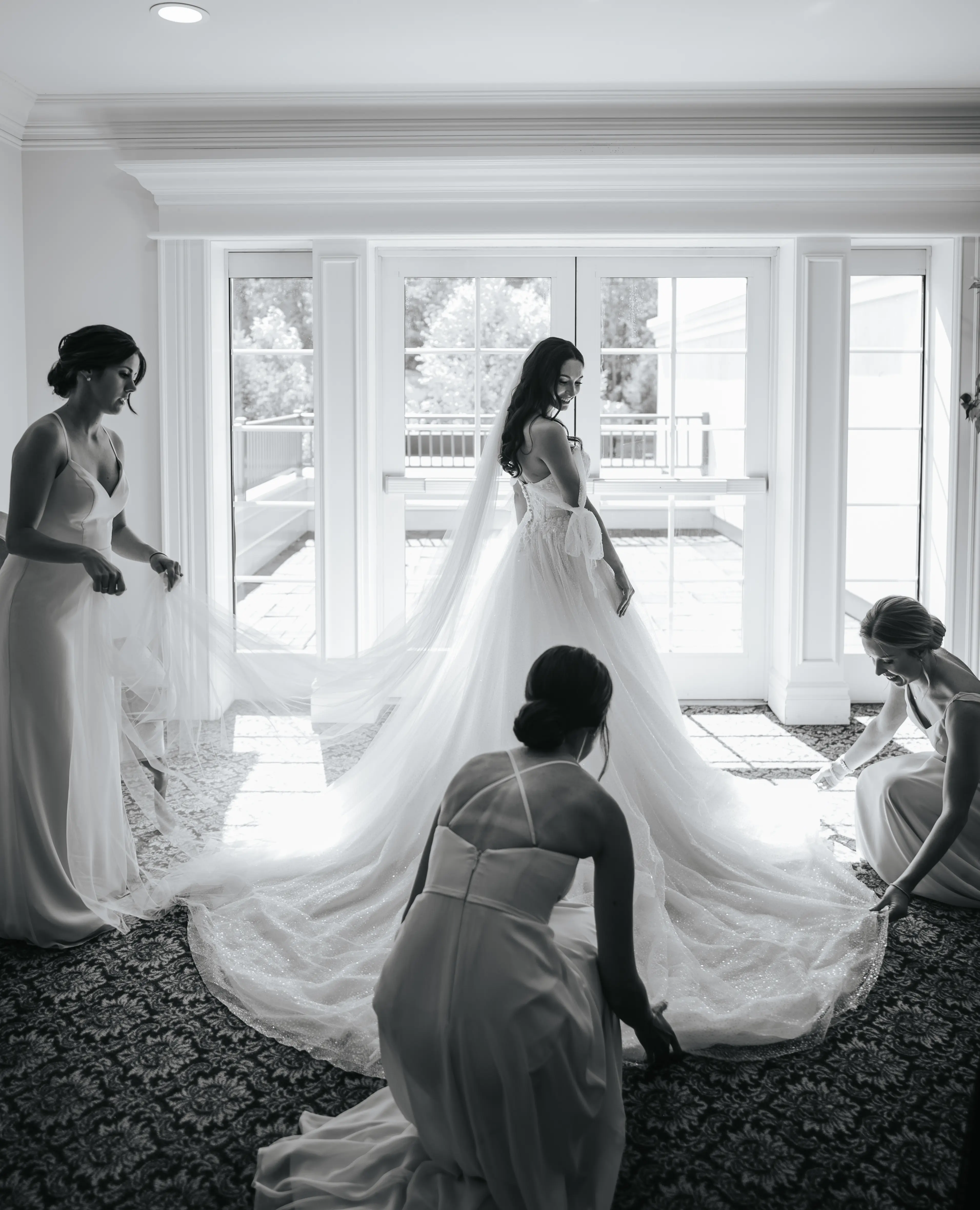 Bride Wearing Sparkly Ballgown Wedding Dress Called Shasta By Sottero And Midgley Getting Ready With Bridesmaids
