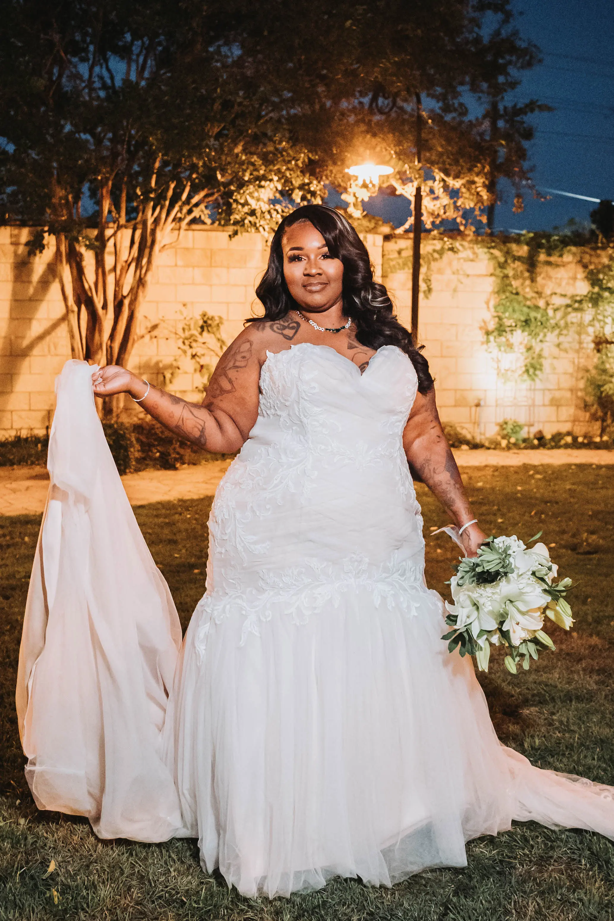 Real Bride in Ruched Tulled Mermaid Wedding Dress with Beaded Lace Motifs Called Georgia by Rebecca Ingram